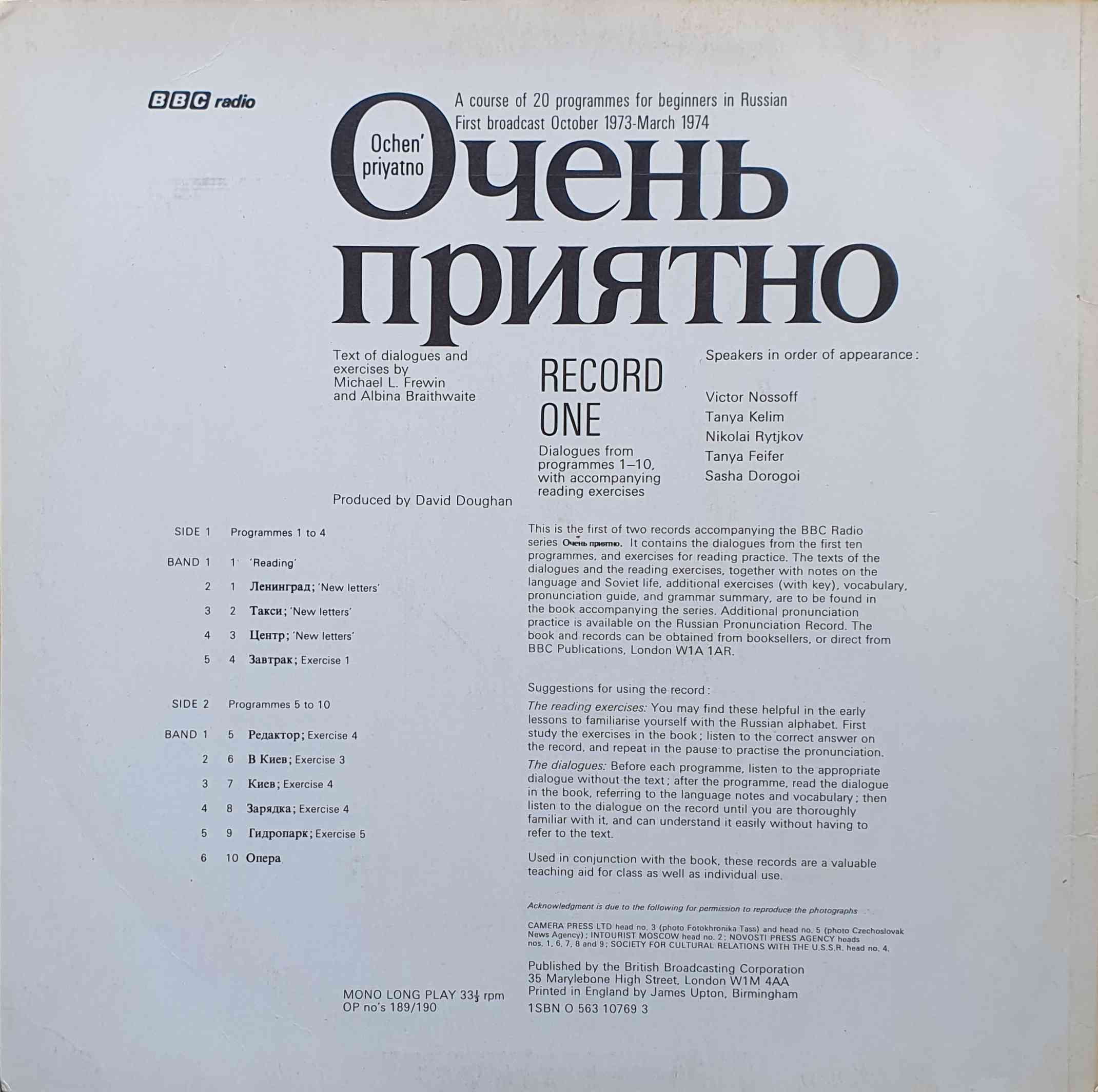 Picture of OP 189/190 Ochen' priyatno Record 1 - A BBC Radio course for beginners in Russian - Record 1 - Programmes 1 - 10 by artist Michael L. Frewin / Albina Braithwaite from the BBC records and Tapes library